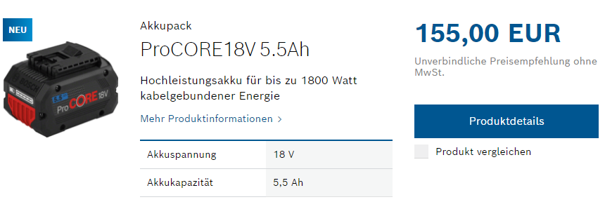 Bosch ProCore 18V 5.5Ah Ersatzakku Originalpreis
