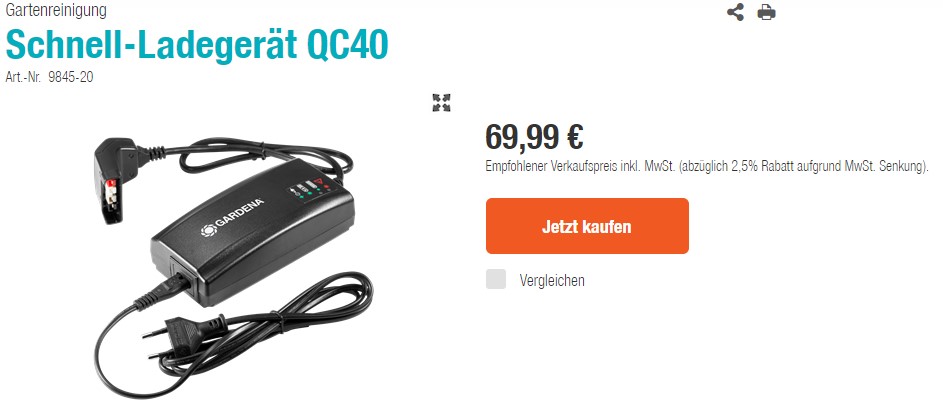 Gardena Ersatzakku Schnellladegerät QC40 UVP Originalpreis